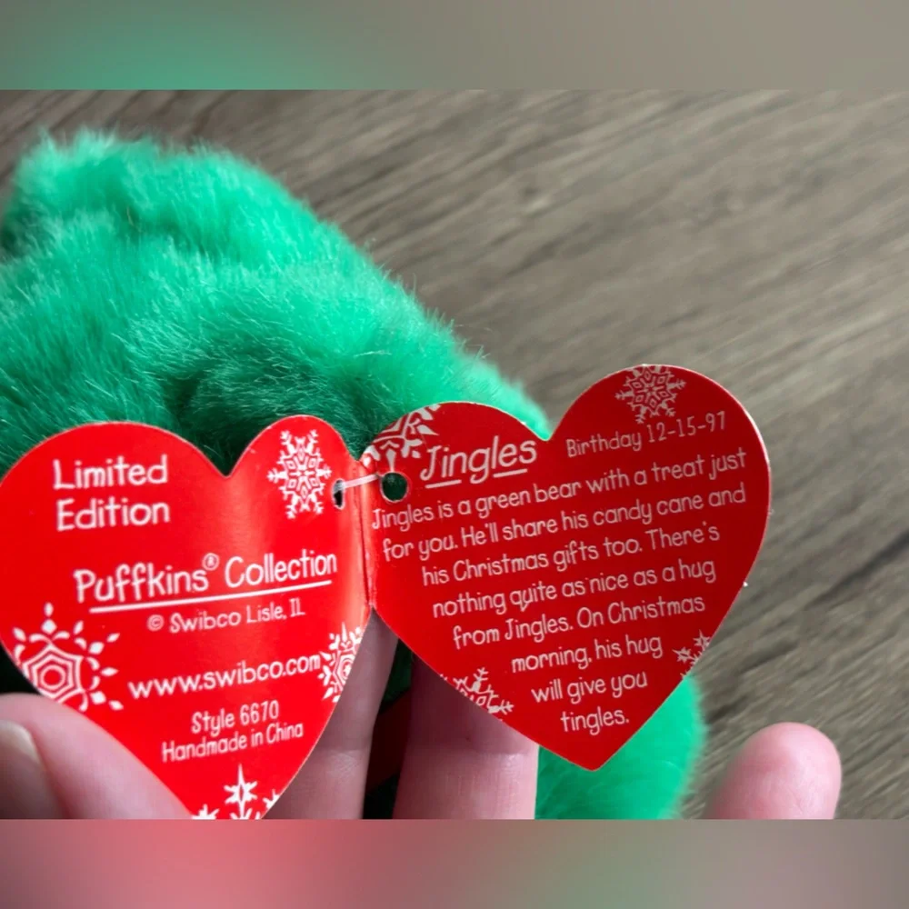 Puffkins Plush JINGLES Green Bear CandyCane #6670 SWIBCO Birthdate Tag Errors - Picture 7 of 7